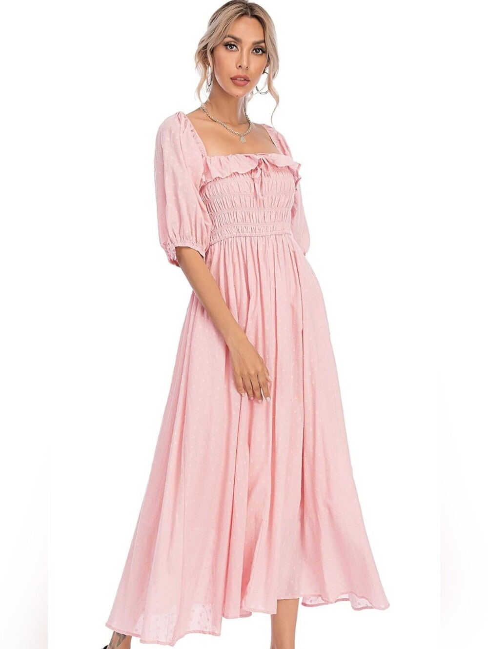 R. Vivimos | Pink Smocked Puff-Sleeve Maxi Dress